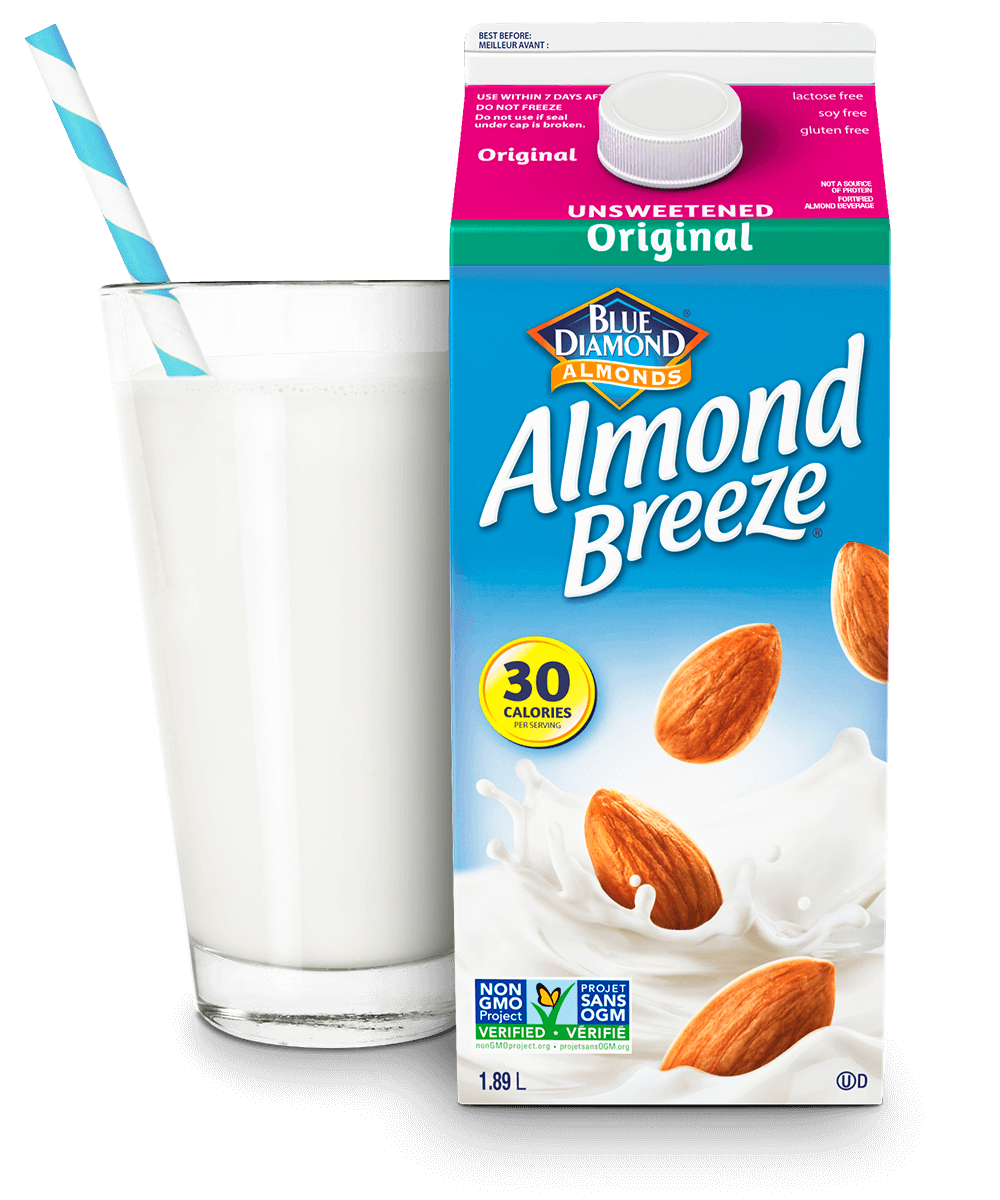 Almond Breeze Unsweetened Original packaging with glass