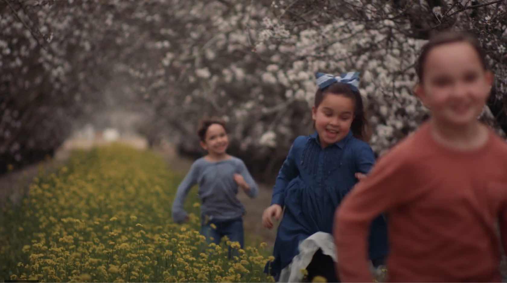 3 kids in almond flour orchard