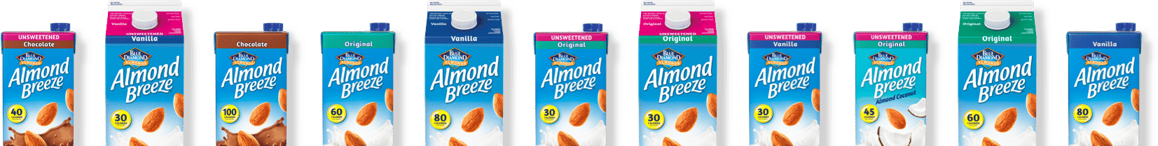 Row of Almond Breeze product packaging photos