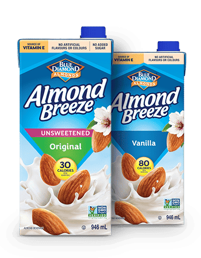 Two blue boxes of Almond Breeze almond drink, original flavor 946 mL also unsweetened 946 mL
